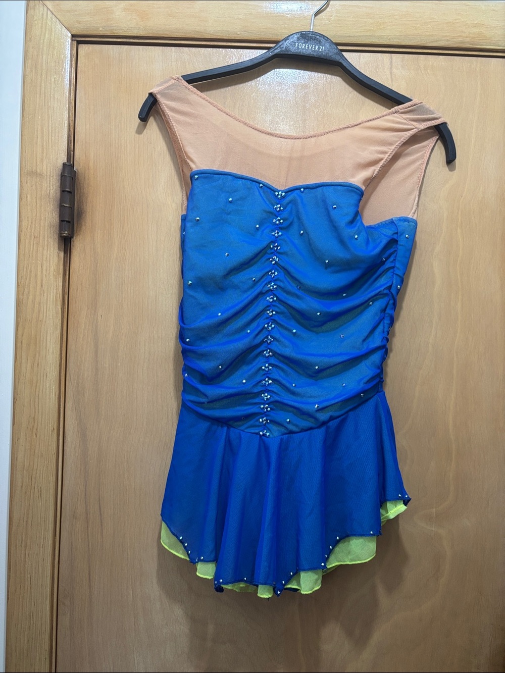 Kids Blue and Nude One-Shoulder Ruched Dress with Neon Yellow